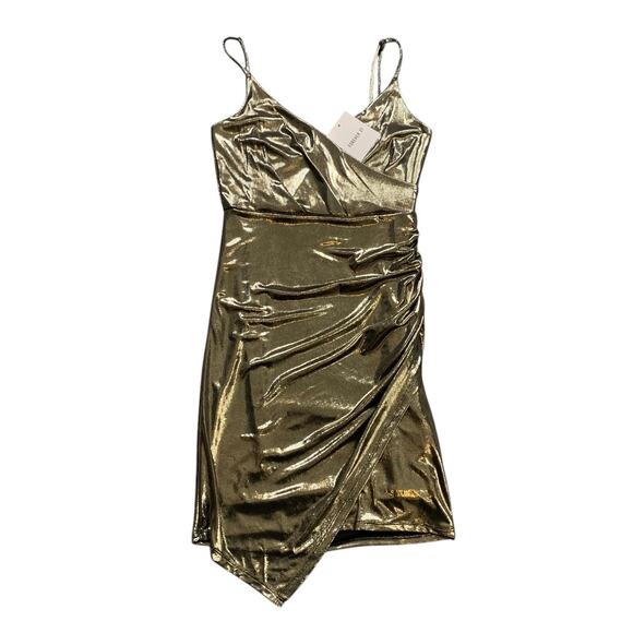 Forever 21 Dress Womens Extra Small Gold Metallic Slip Ruched Bodycon Asymmetric - Picture 1 of 15